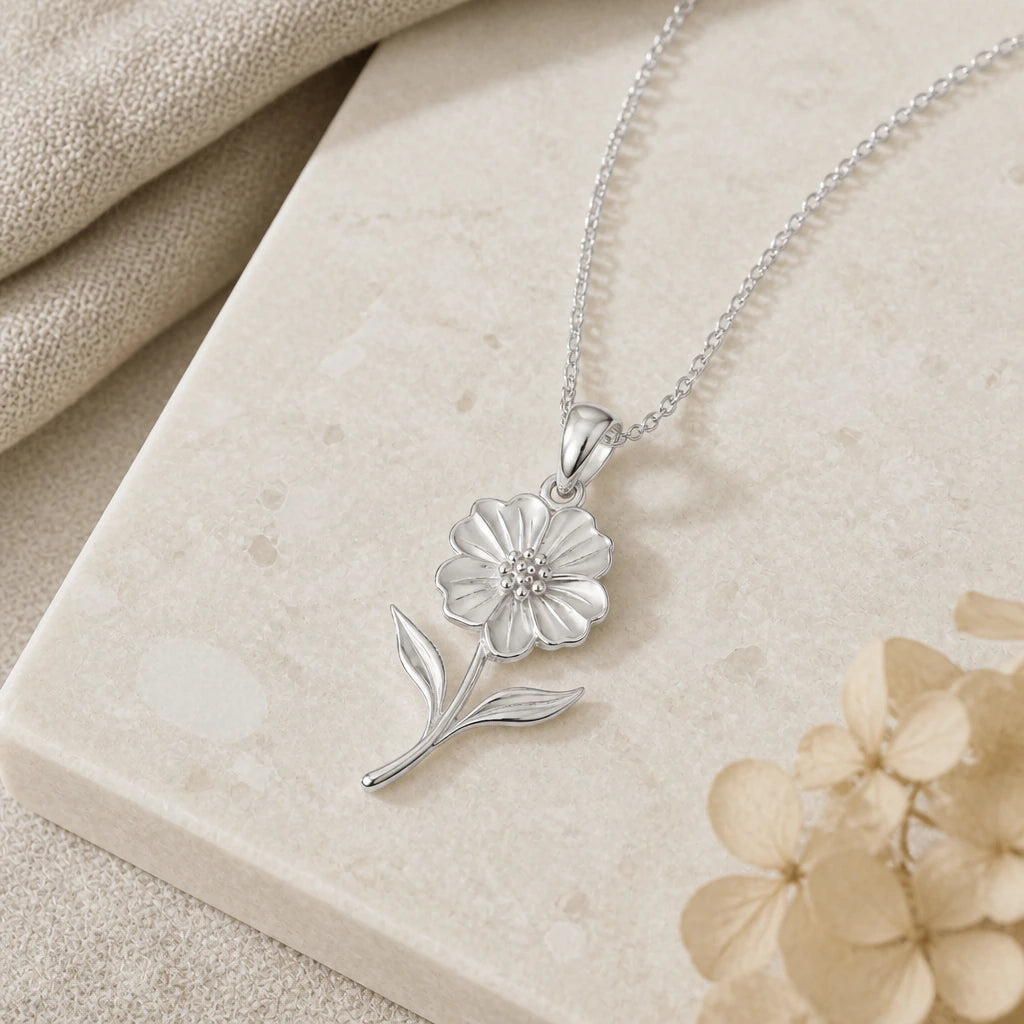 Close-up of silver petunia flower pendant showing the sculpted detail