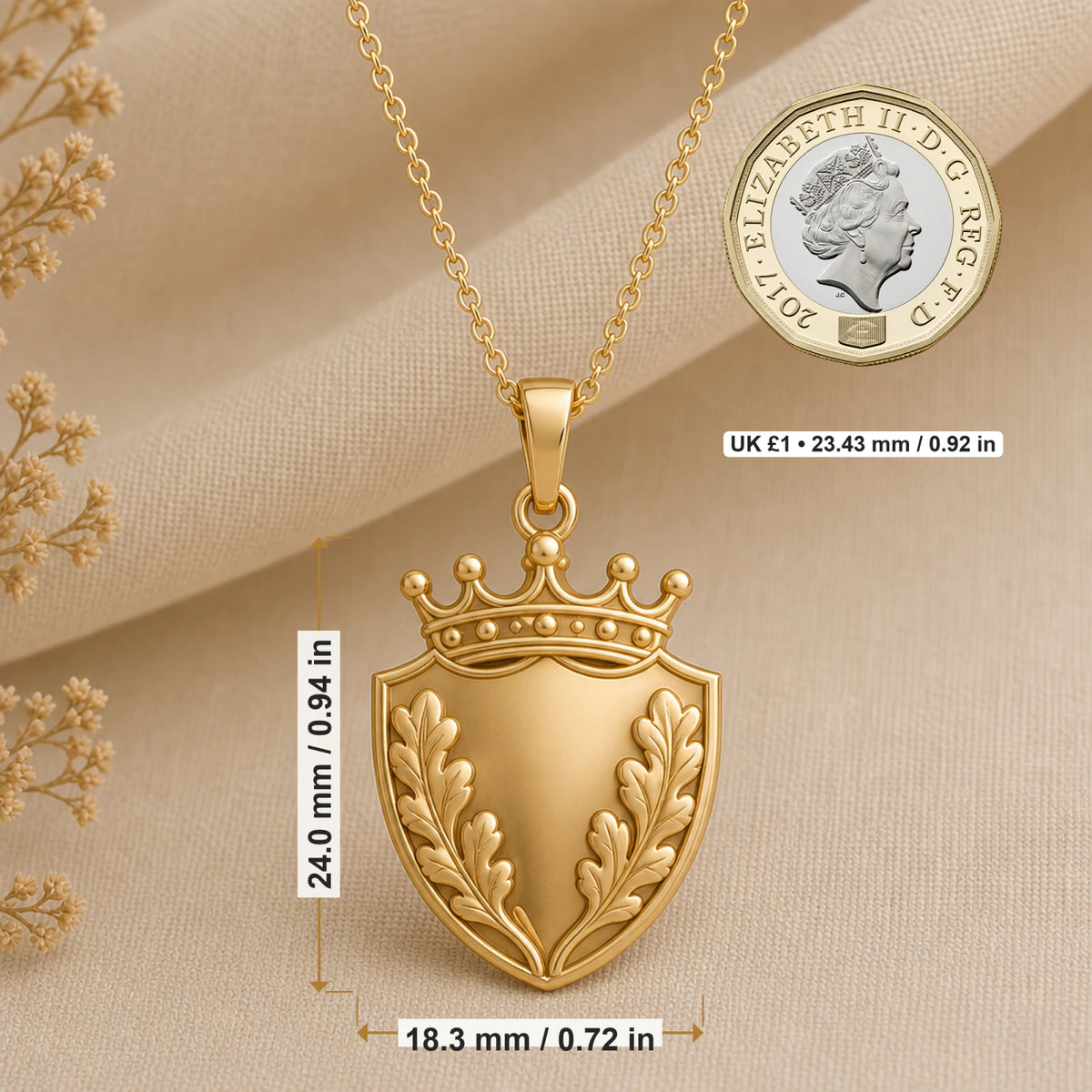 Oak Leaf Shield Crown pendant necklace size image showing 24 mm height and 18.3 mm width