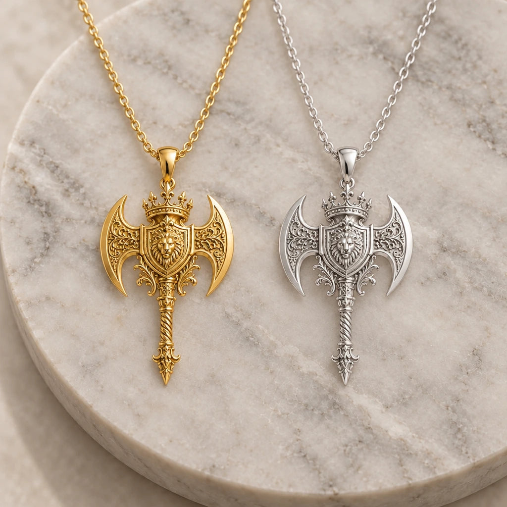 Divine Axe Lion Crest pendant necklace in silver and gold finishes side by side