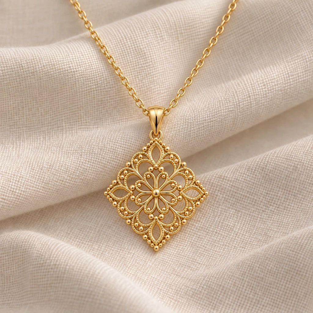Lace Filigree pendant necklace in an 18k gold plated finish