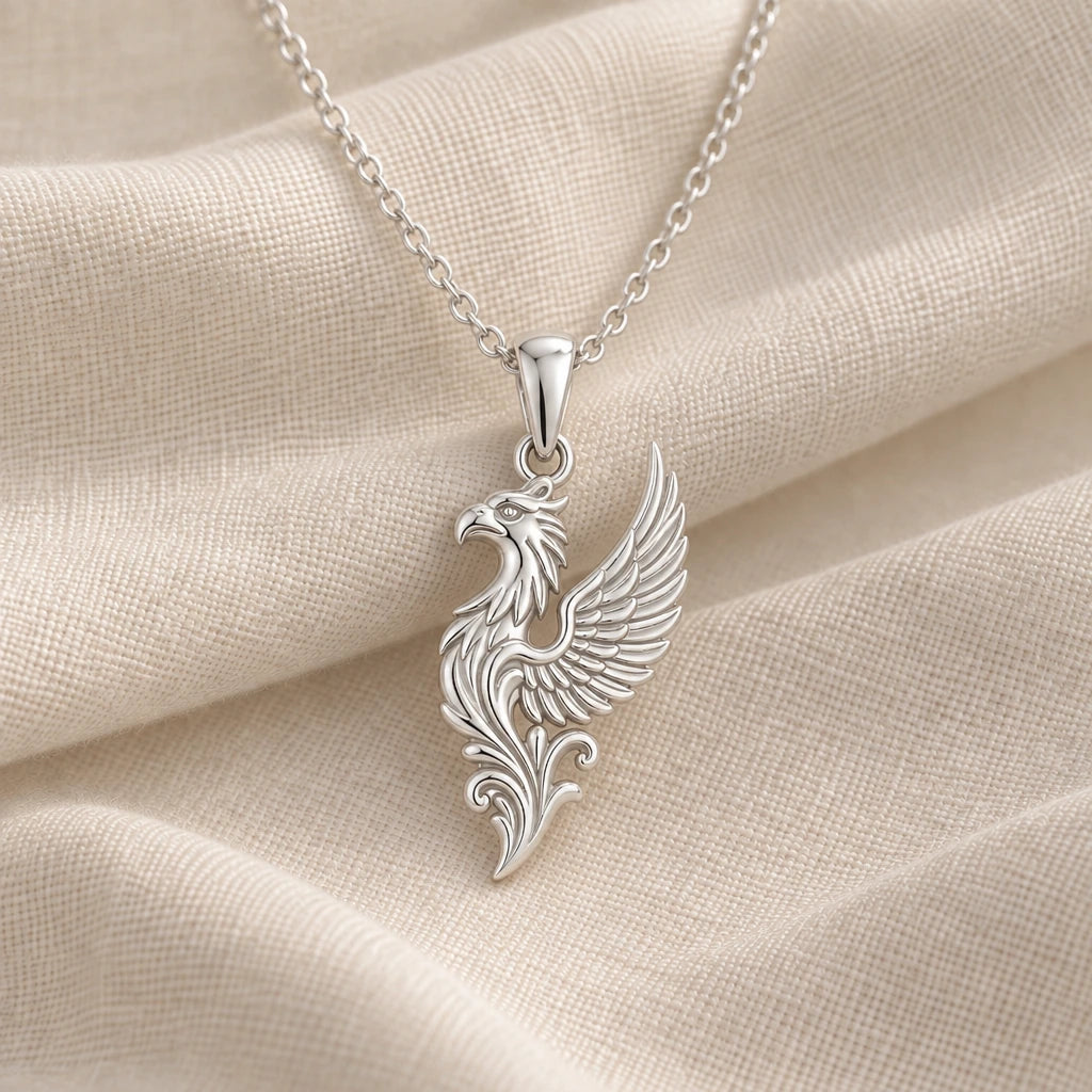 925 sterling silver griffin wing pendant necklace on cream fabric