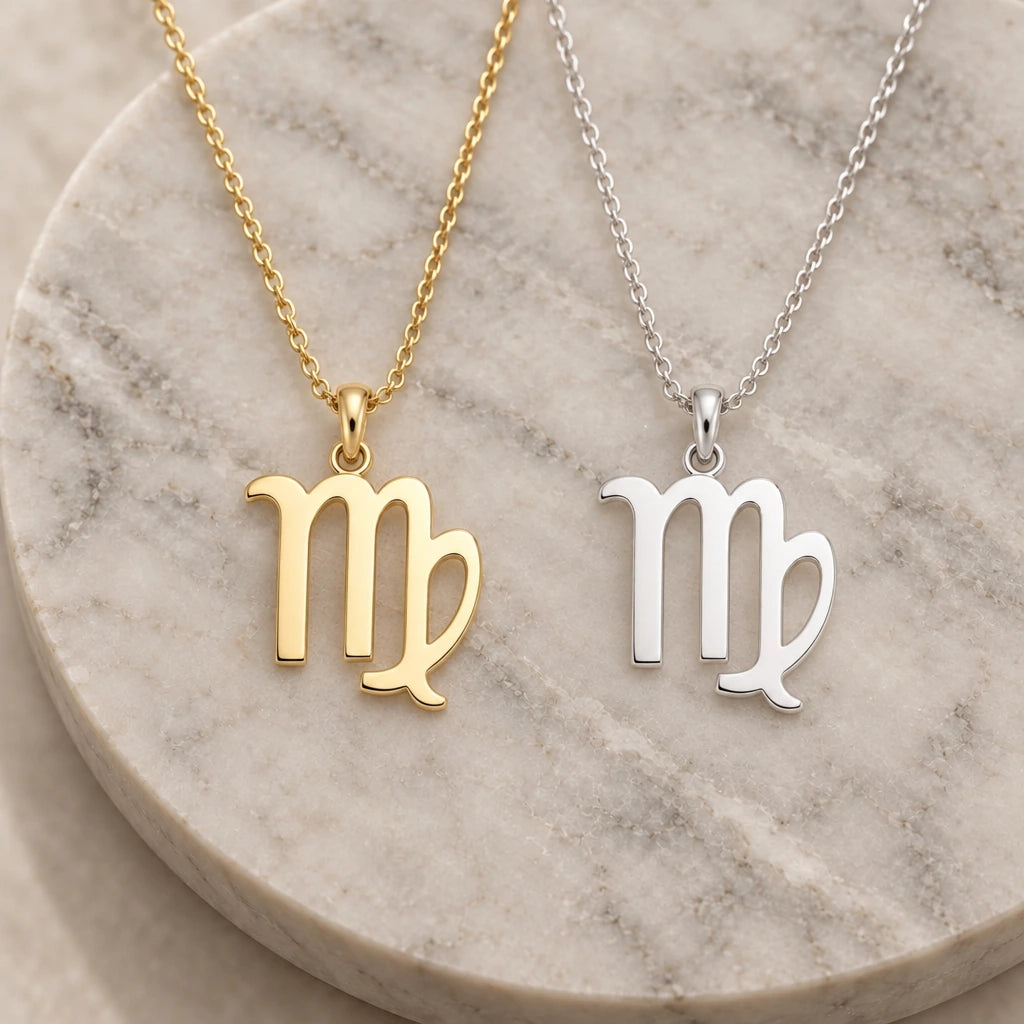 Virgo Zodiac Glyph pendant necklace in silver and gold finishes side by side