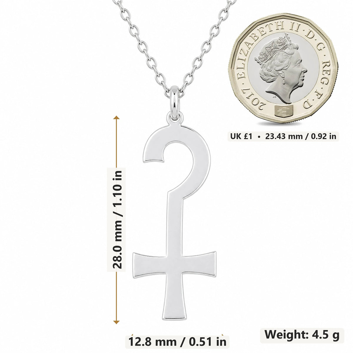 Anubis Crook Symbol pendant necklace size image showing 28.0 mm height, 12.8 mm width and 4.5 g weight