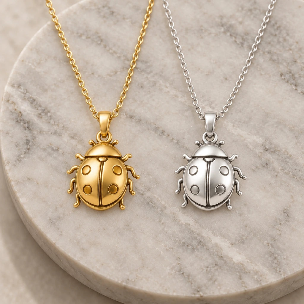 Ladybird pendant necklace in silver and gold finishes side by side