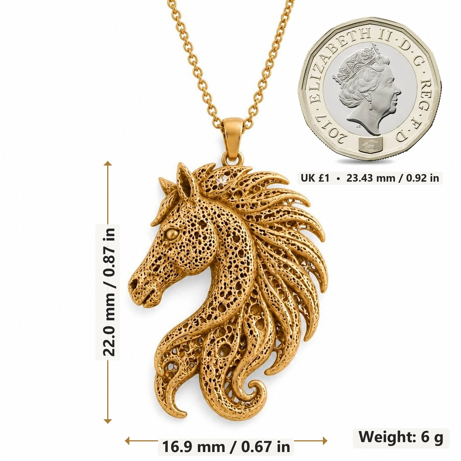 Fossil Horse Crest pendant necklace size image showing 22.0 mm height, 16.9 mm width and 6 g weight