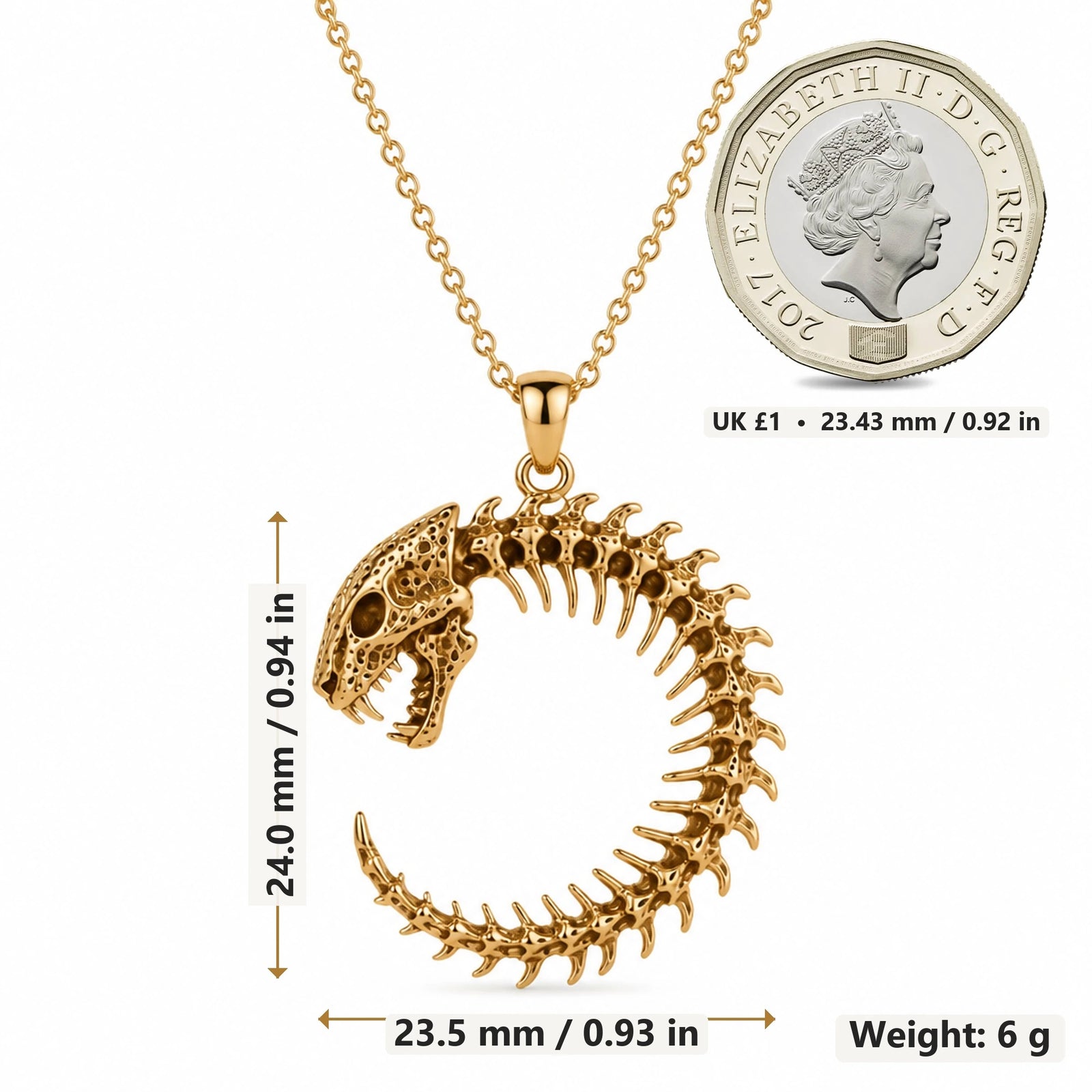 Leopard Spine Halo pendant necklace size image showing 24.0 mm height, 23.5 mm width and 6 g weight