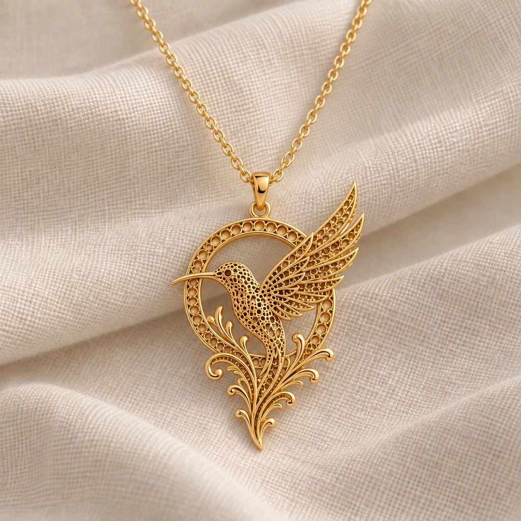 Fossil Hummingbird Halo pendant necklace in an 18k gold plated finish