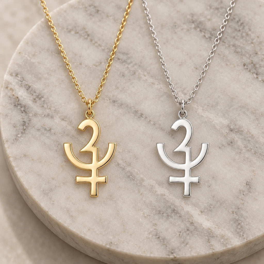 Erinyes Asteroid Symbol pendant necklace in silver and gold finishes side by side