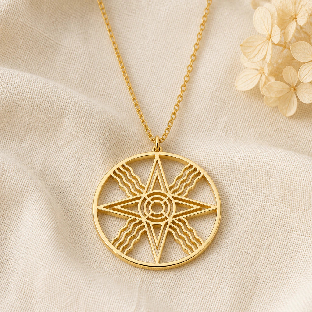 Sumerian Sun Star Symbol pendant necklace in a warm gold finish on cream fabric