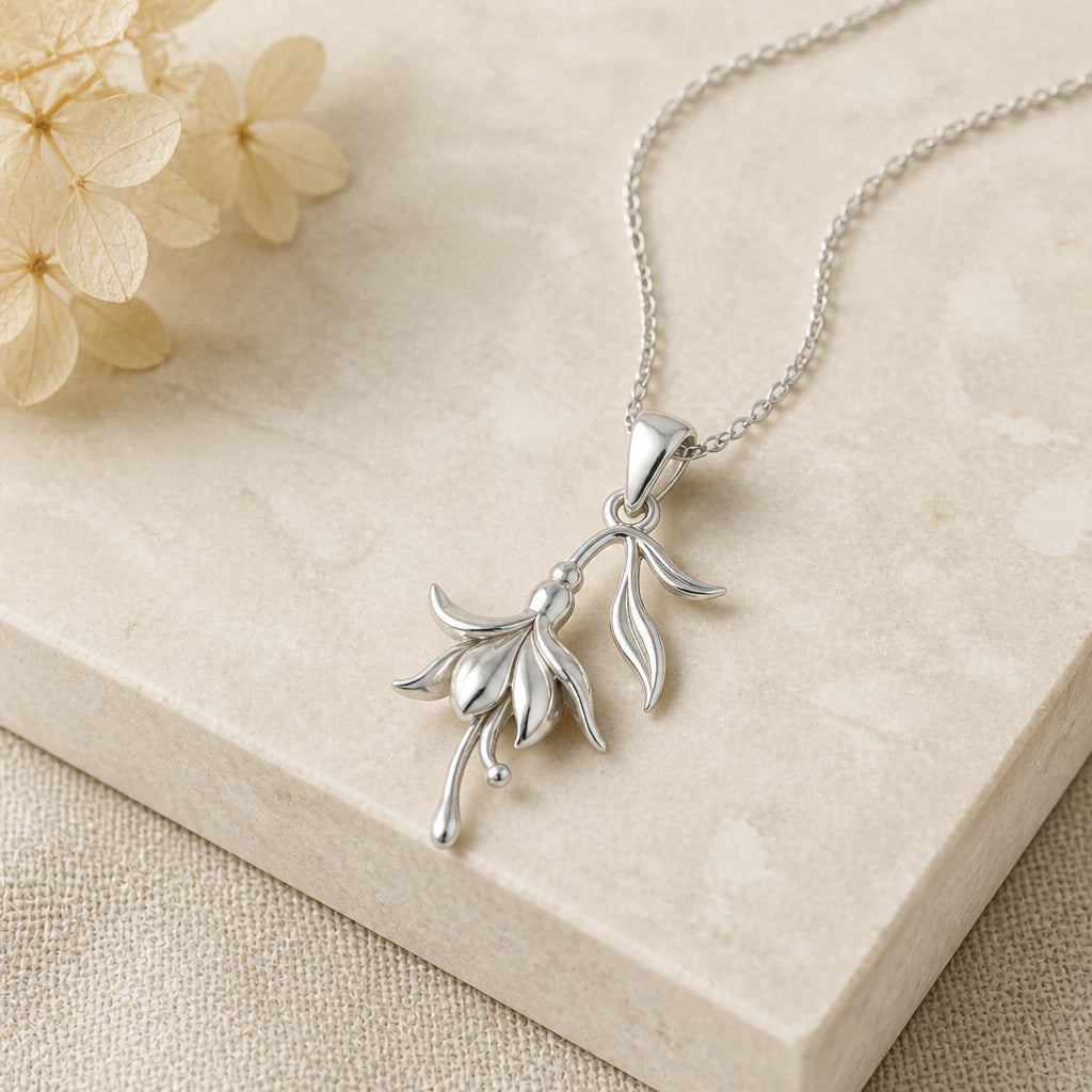 Close-up of silver fuchsia flower pendant showing the sculpted detail