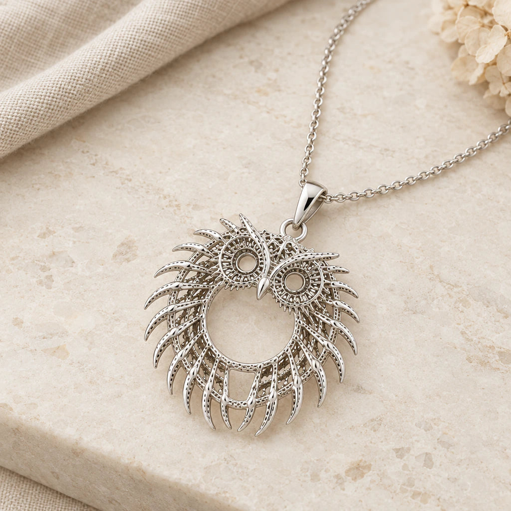Close-up of silver fossil owl halo pendant showing the sculpted detail