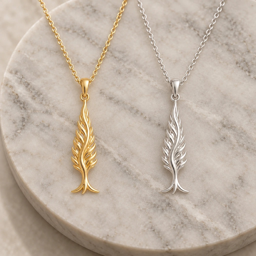 Cypress Flame Tree pendant necklace in silver and gold finishes side by side