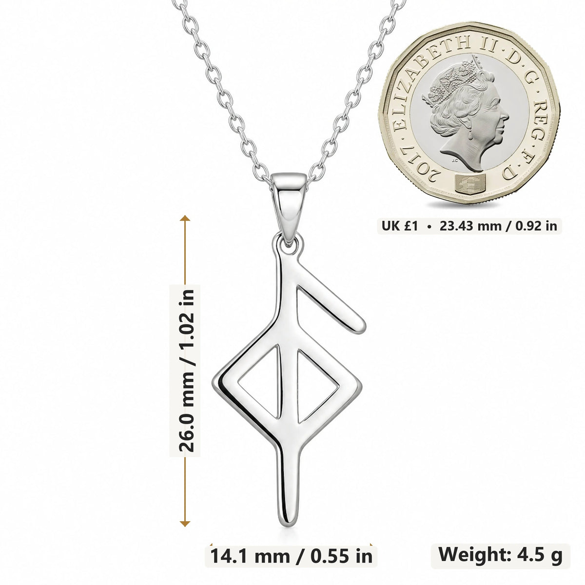 Health Bind Rune pendant necklace size image showing 26.0 mm height, 14.1 mm width and 4.5 g weight