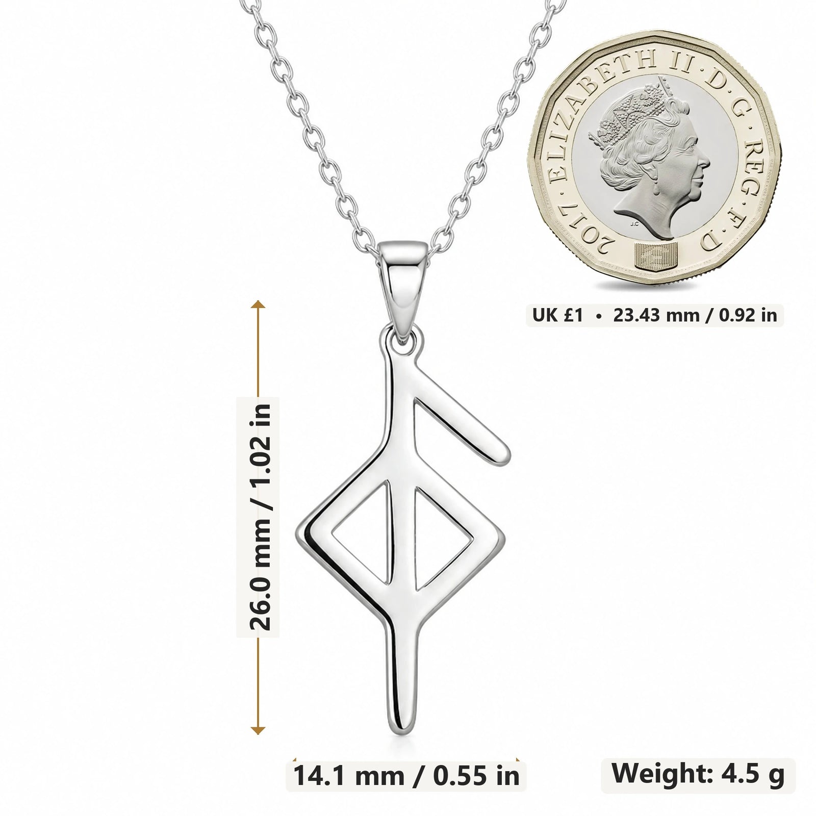 Health Bind Rune pendant necklace size image showing 26.0 mm height, 14.1 mm width and 4.5 g weight