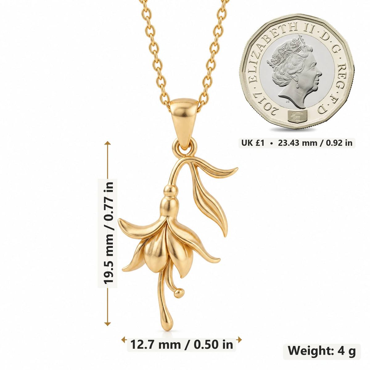 Fuchsia Flower pendant necklace size image showing 19.5 mm height and 12.7 mm width and 4 g weight