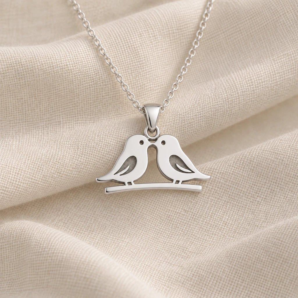 925 sterling silver love birds pendant necklace on cream fabric