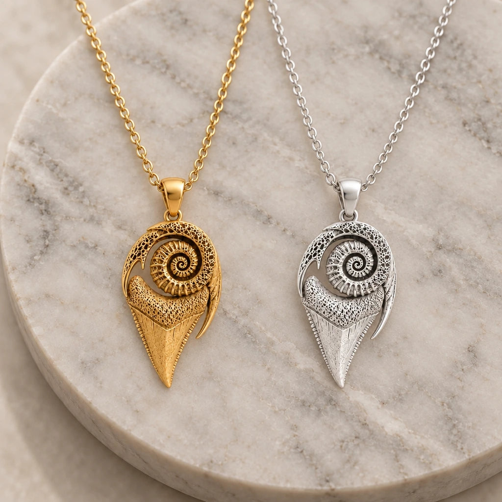 Sacred Shark Tooth Fossil pendant necklace in silver and gold finishes side by side
