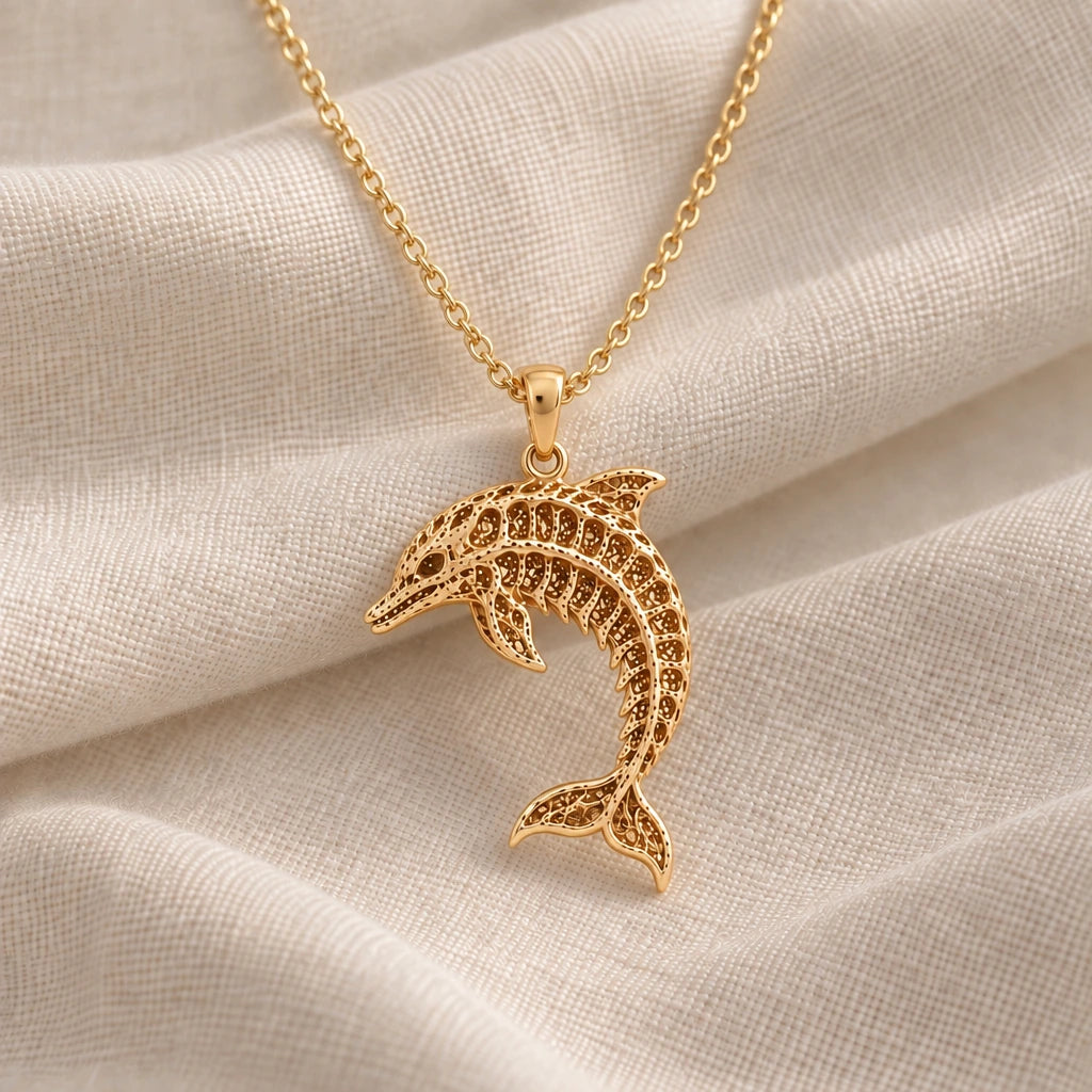 Fossil Dolphin Artifact pendant necklace in an 18k gold plated finish