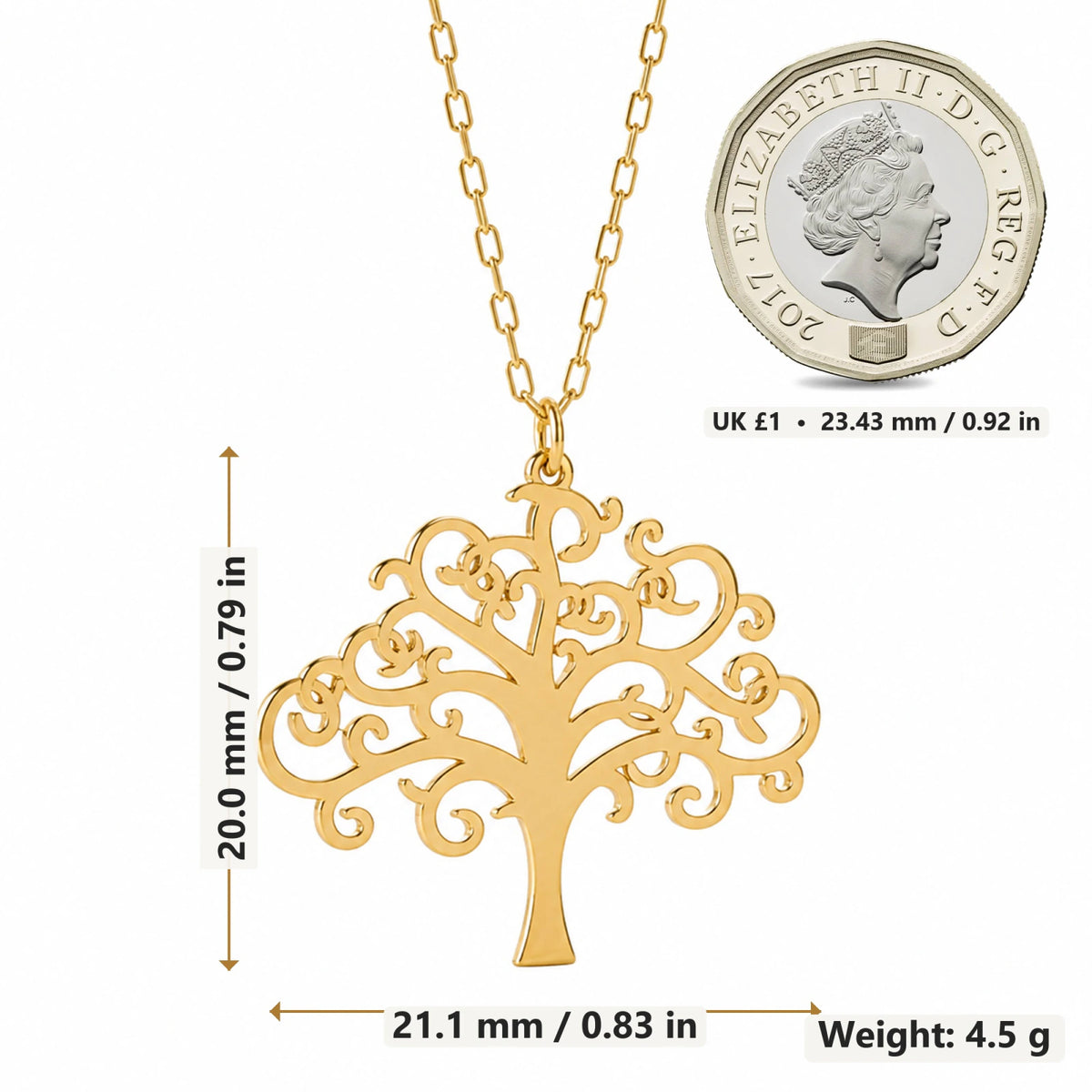 Swirling Tree of Life pendant necklace size image showing 20 mm height and 21.1 mm width and 4.5 g weight