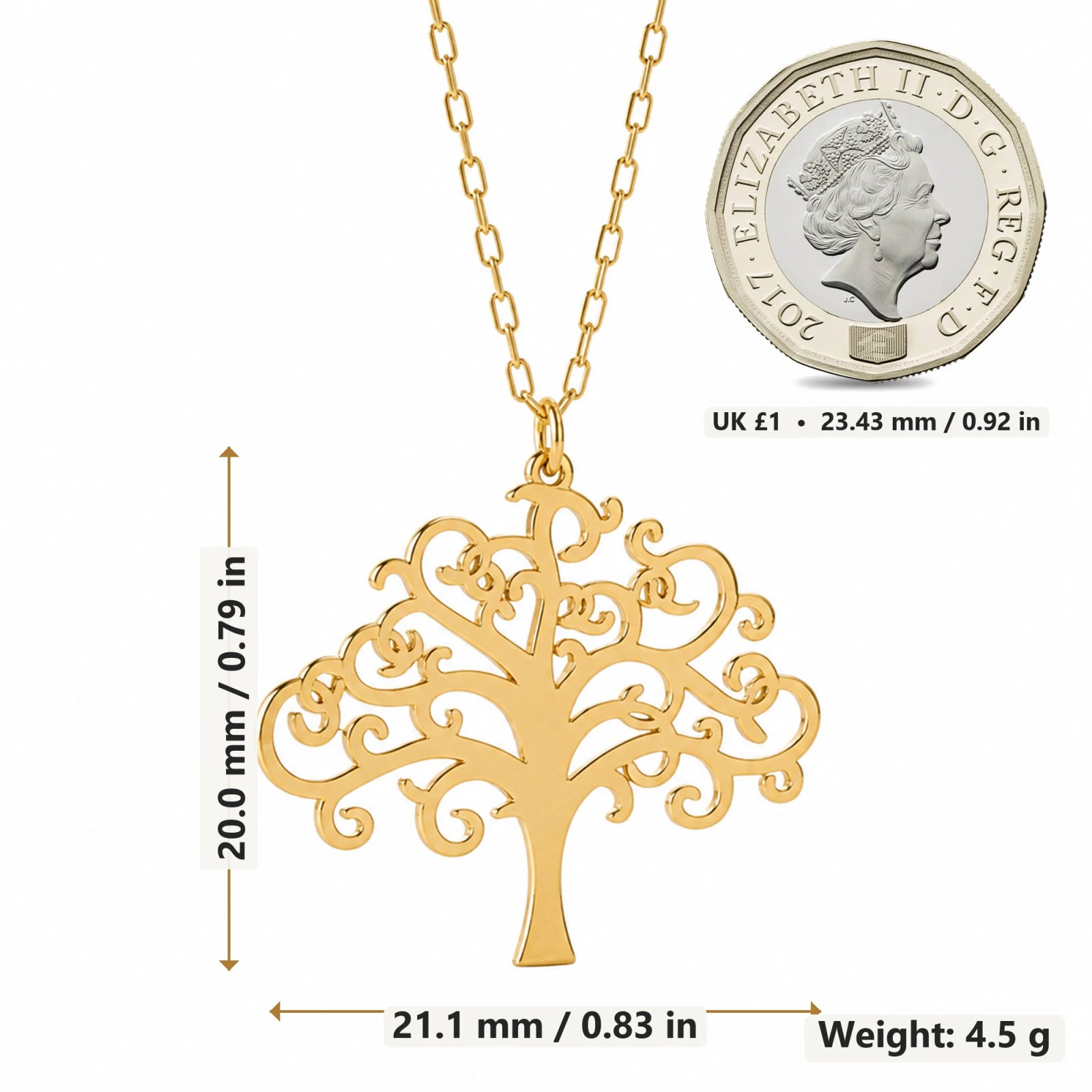 Swirling Tree of Life pendant necklace size image showing 20 mm height and 21.1 mm width and 4.5 g weight