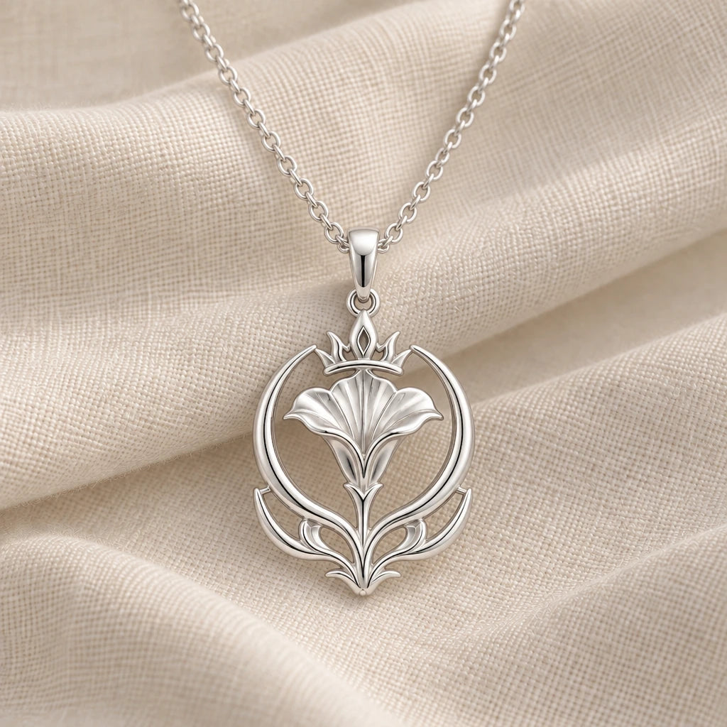 925 sterling silver queen moonflower pendant necklace on cream fabric