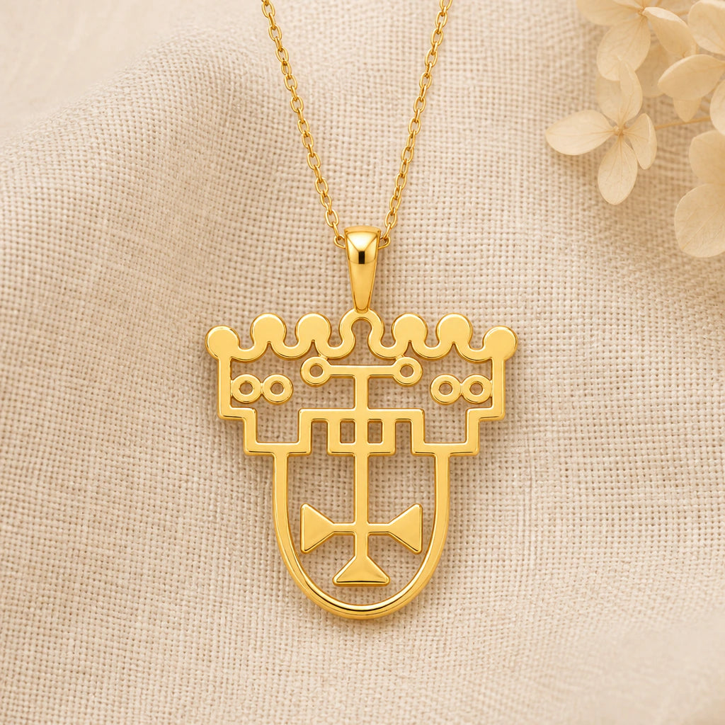 Astaroth Seal pendant necklace in a warm gold finish on cream fabric