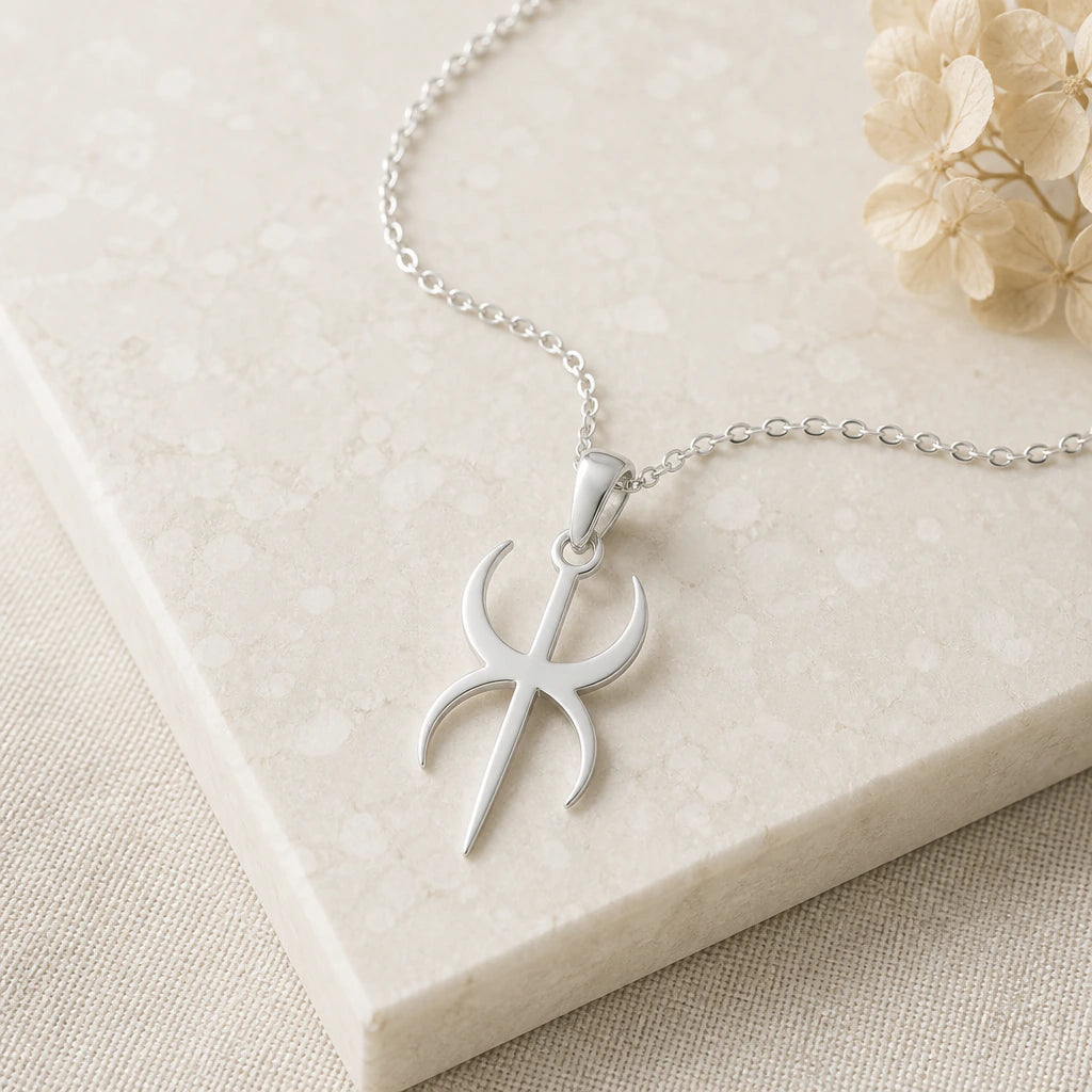 Close-up of silver duality symbol pendant showing the sculpted detail