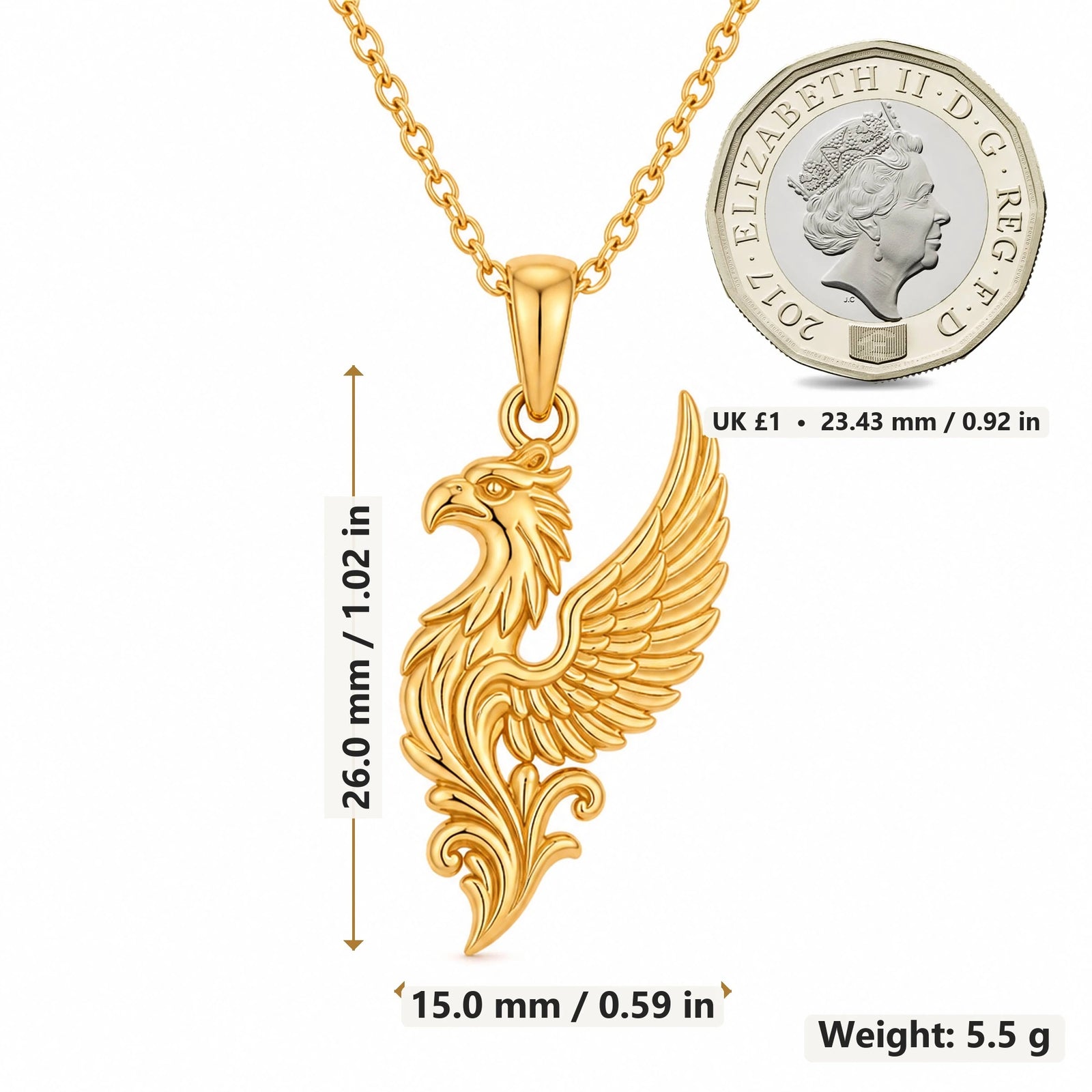Griffin Wing pendant necklace size image showing 26.0 mm height, 15.0 mm width and 5.5 g weight