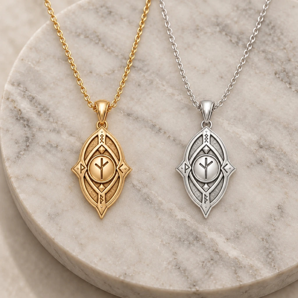 Protective Rune Shield pendant necklace in silver and gold finishes side by side
