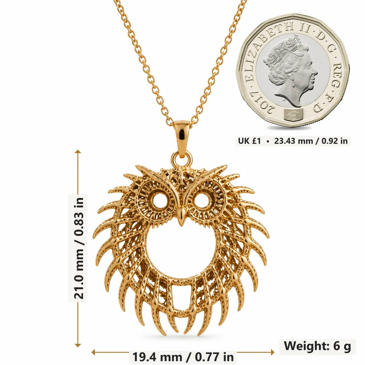 Fossil Owl Halo pendant necklace size image showing 21 mm height and 19.4 mm width and 6 g weight