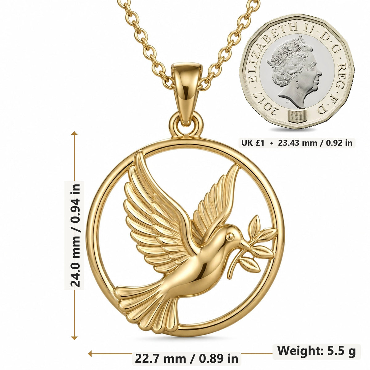 Dove of Peace pendant necklace size image showing 24.0 mm height, 22.7 mm width and 5.5 g weight