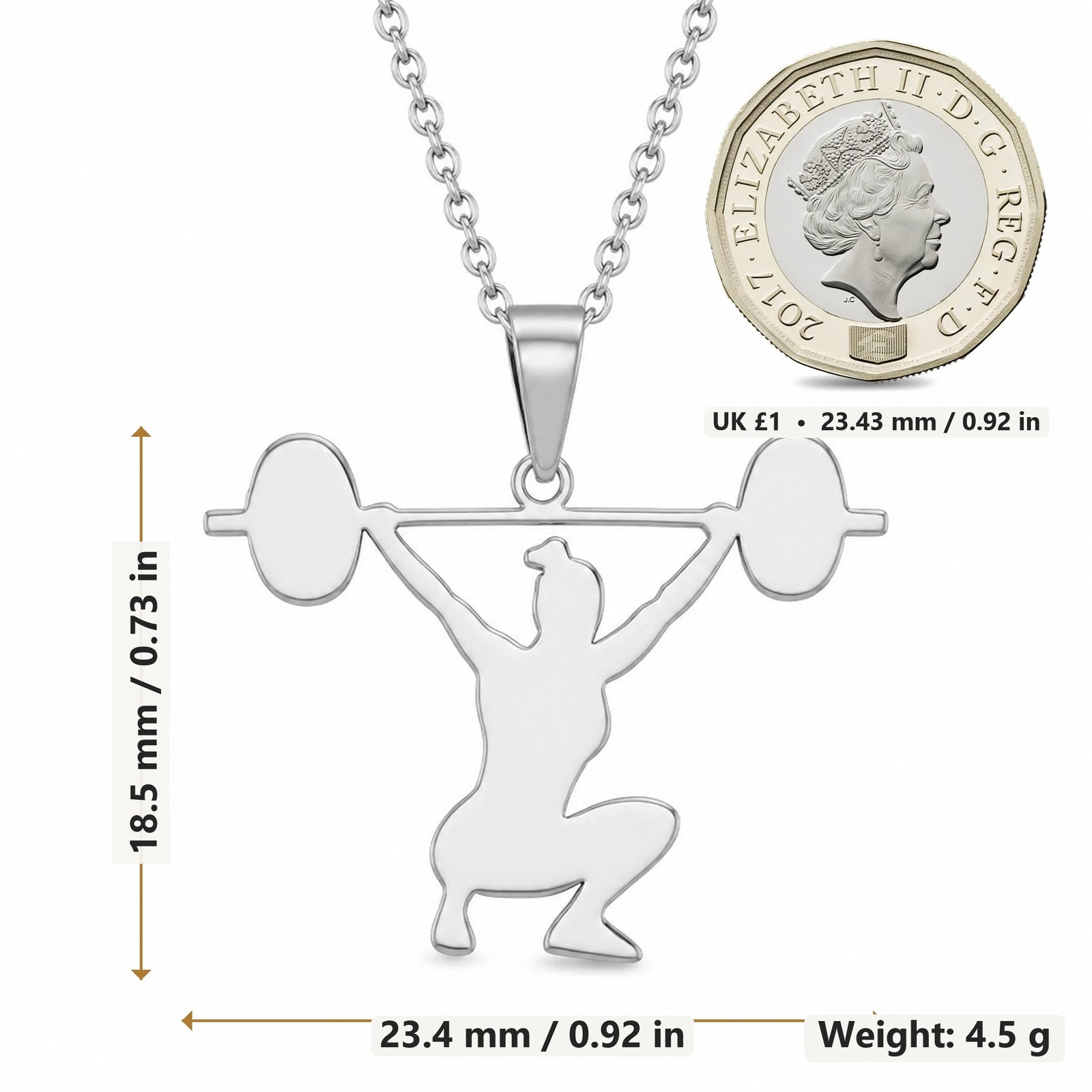 Weightlifter Snatch pendant necklace size image showing 18.5 mm height, 23.4 mm width and 4.5 g weight