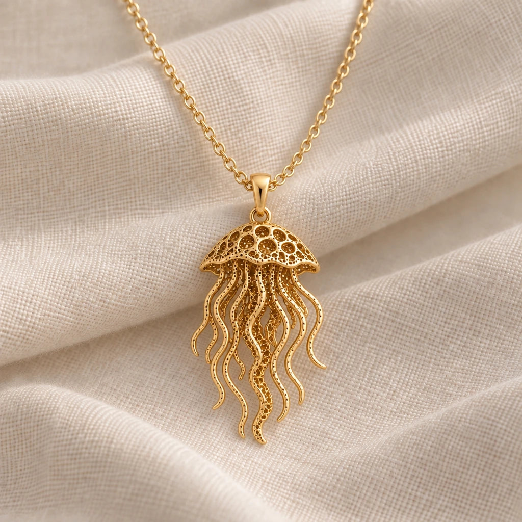 Fossil Jellyfish Halo pendant necklace in an 18k gold plated finish