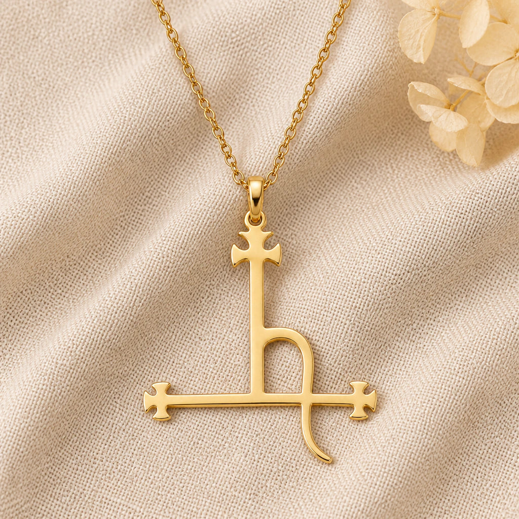 Seal of Lilith pendant necklace in a warm gold finish on cream fabric