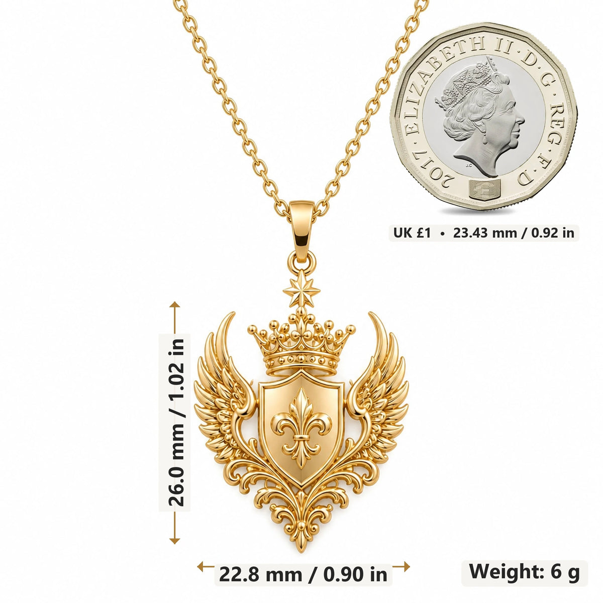 Queen Seraph Crest pendant necklace size image showing 26.0 mm height, 22.8 mm width and 6 g weight