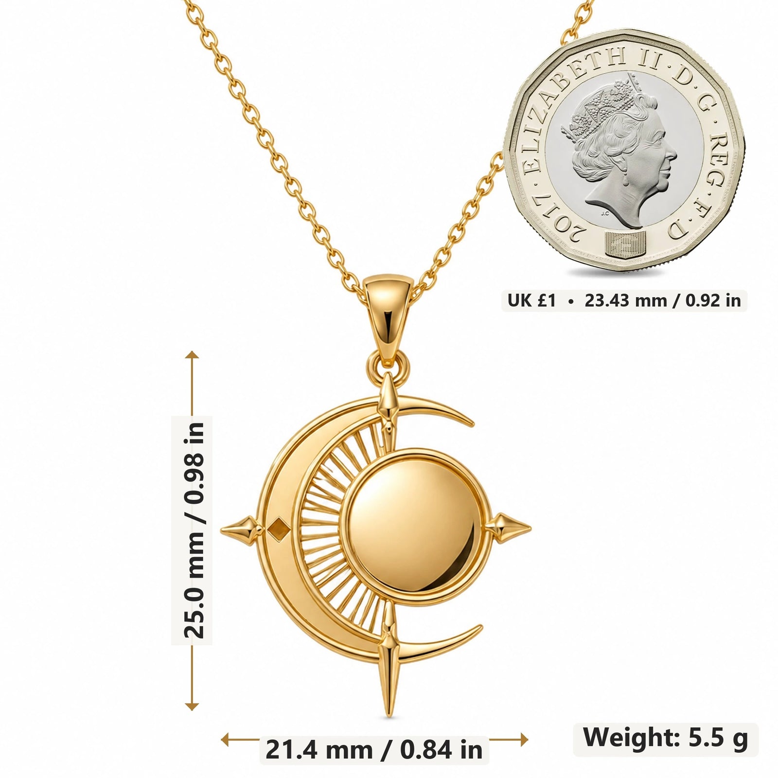 Lunar Eclipse pendant necklace size image showing 25.0 mm height, 21.4 mm width and 5.5 g weight