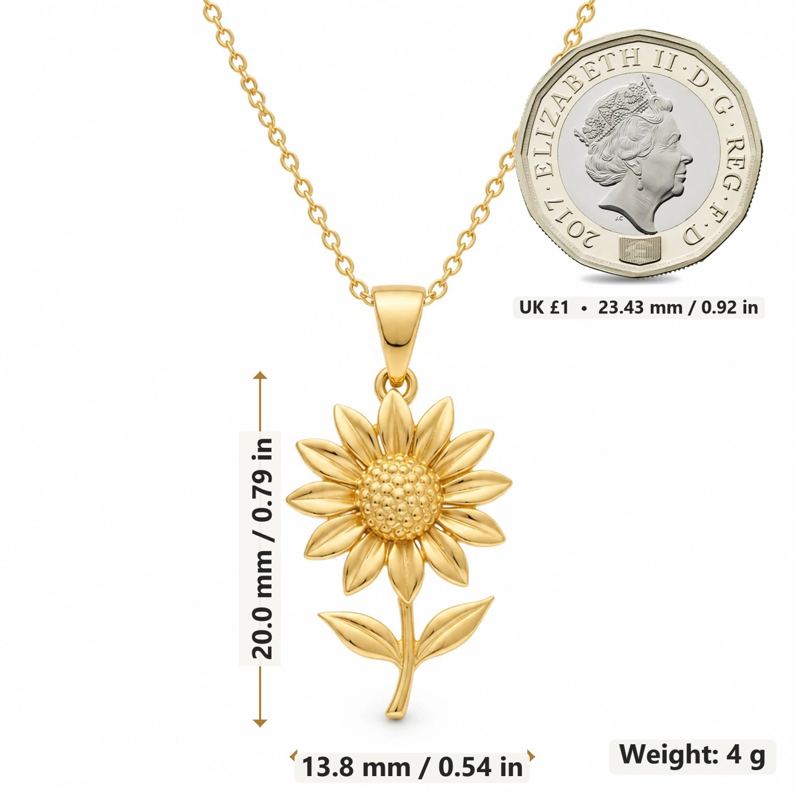 Sunflower pendant necklace size image showing 20 mm height and 13.8 mm width and 4 g weight