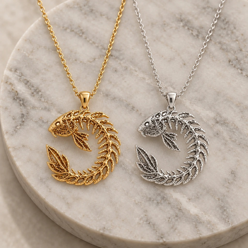 Sacred Koi Relic pendant necklace in silver and gold finishes side by side