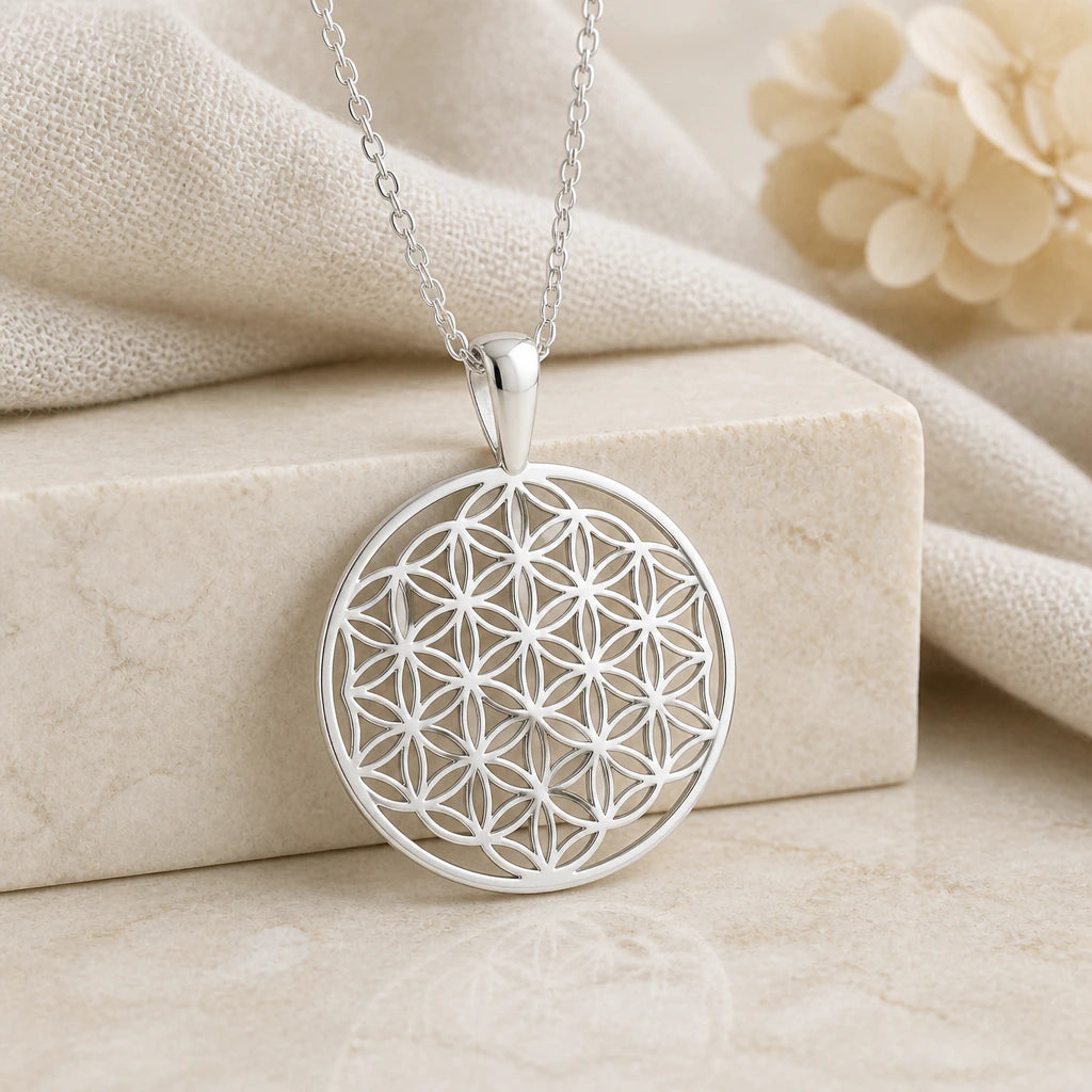 925 sterling silver flower of life pendant necklace on softly folded cream linen