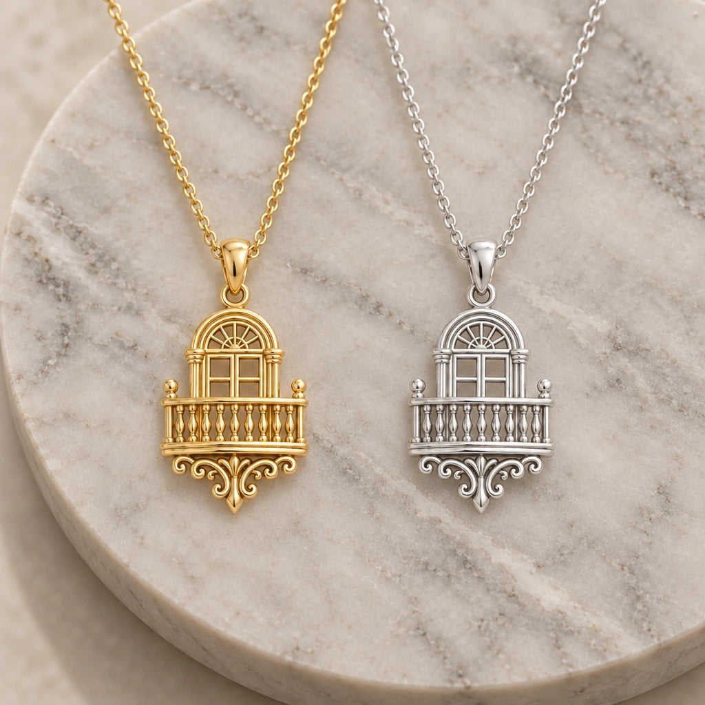 Royal Balcony pendant necklace in silver and gold finishes side by side