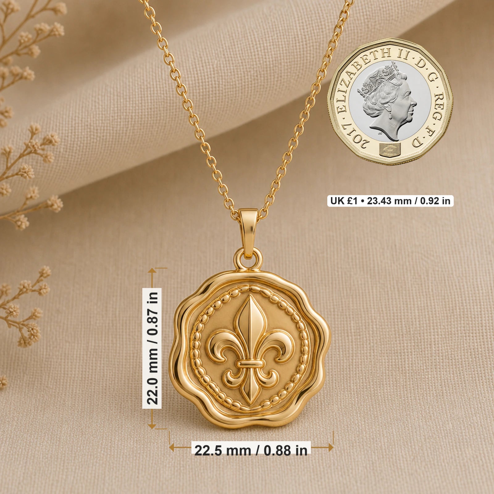 Fleur de Lis Wax Seal pendant necklace size image showing 22 mm height and 22.5 mm width