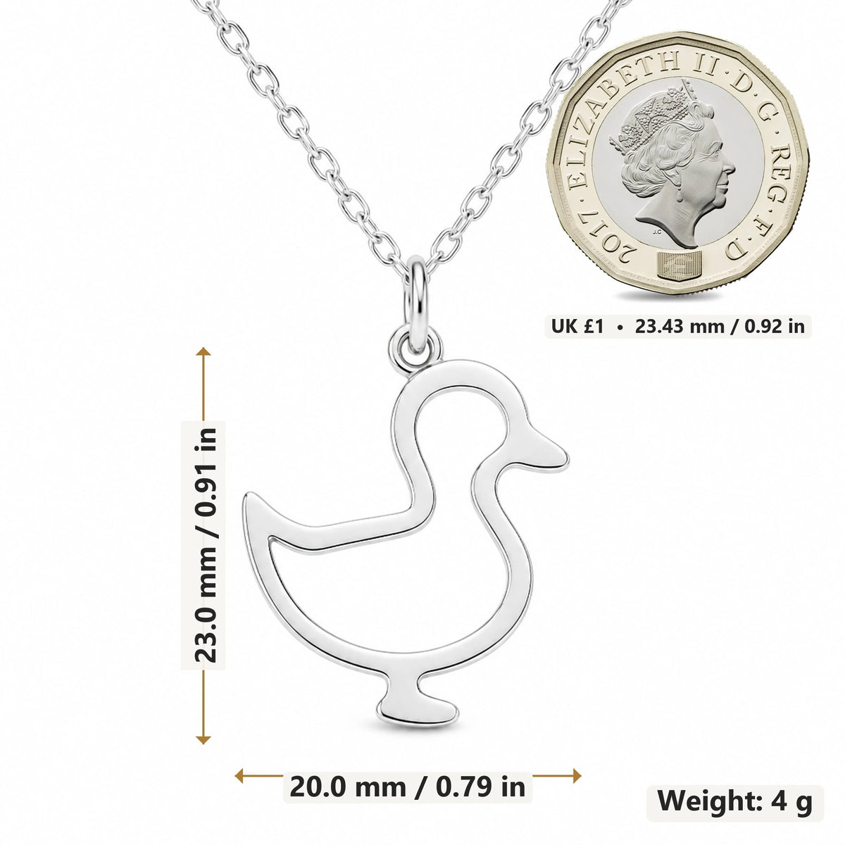 Standing Duck Outline pendant necklace size image showing 23.0 mm height, 20.0 mm width and 4 g weight