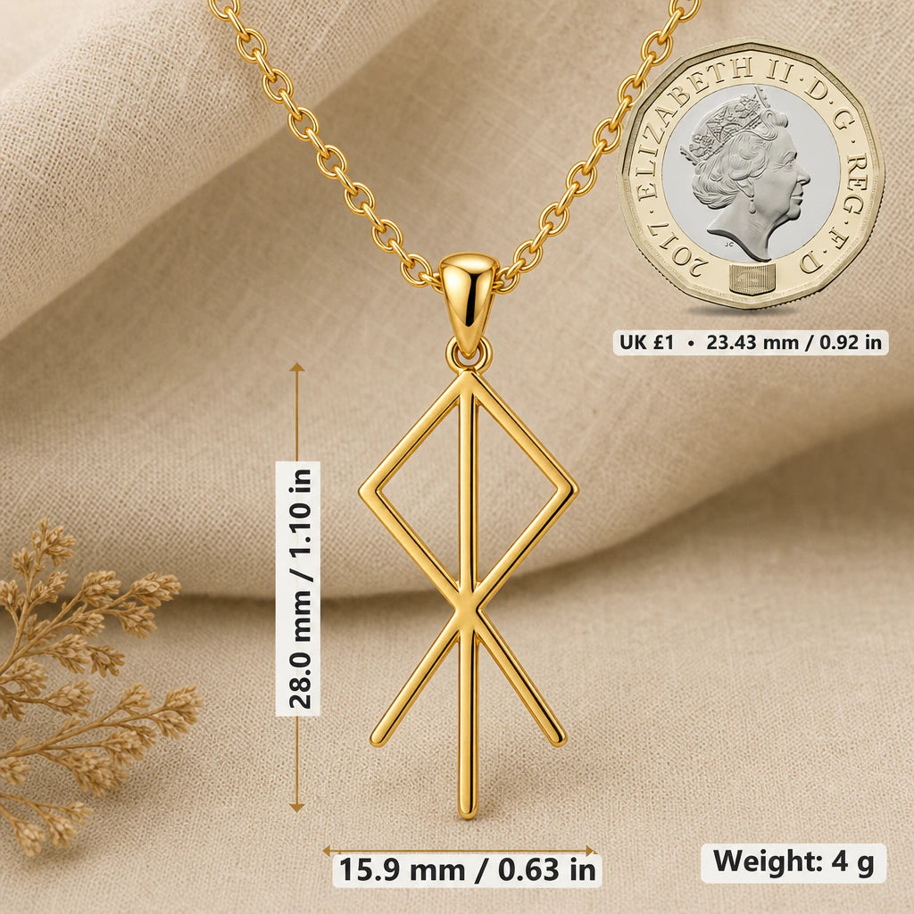 Viking Heart Bind Rune Pendant Necklace size guide, 28 by 15.9 mm
