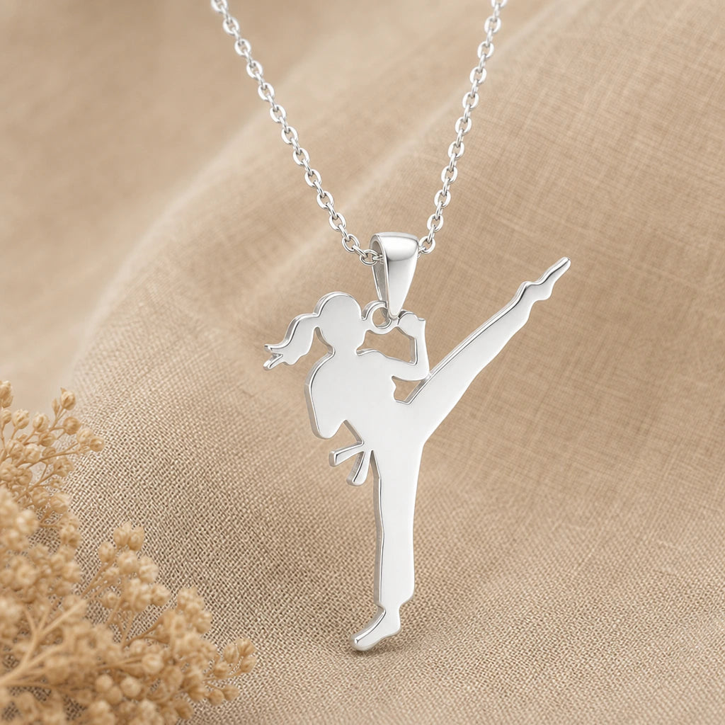 Karate Girl Kick Pendant Necklace in sterling silver, second view
