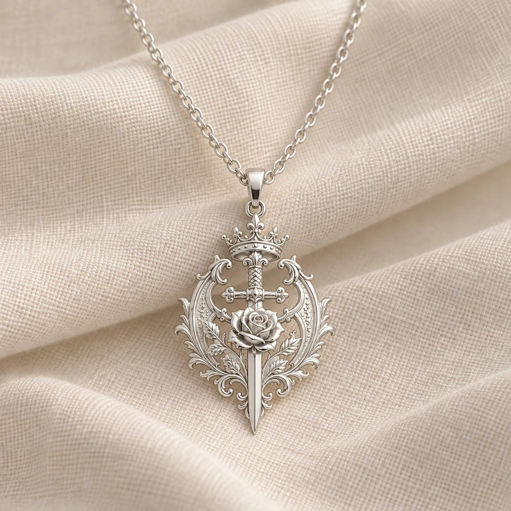 925 sterling silver sovereign roseblade pendant necklace on cream fabric
