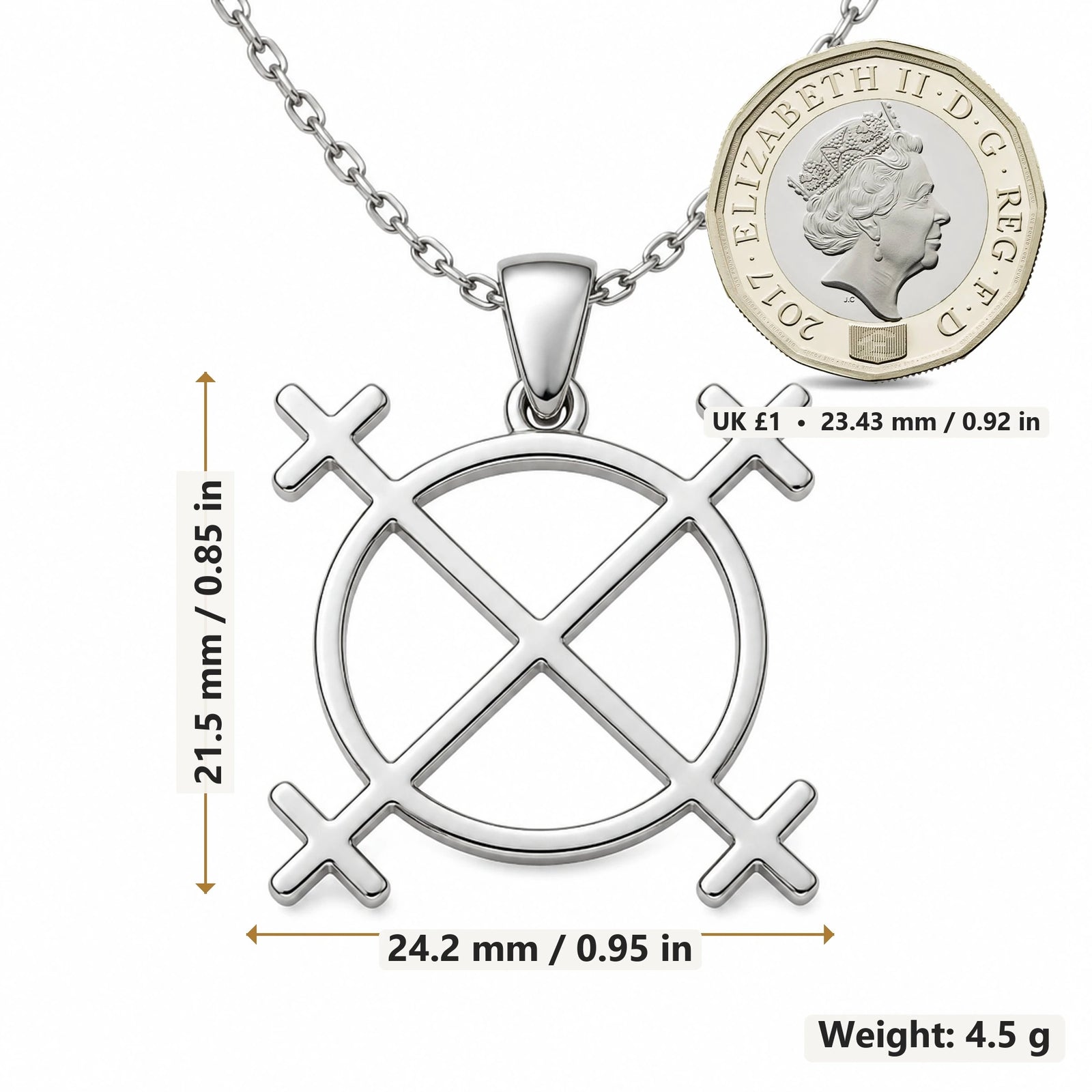 Sun Cross Wheel pendant necklace size image showing 21.5 mm height, 24.2 mm width and 4.5 g weight