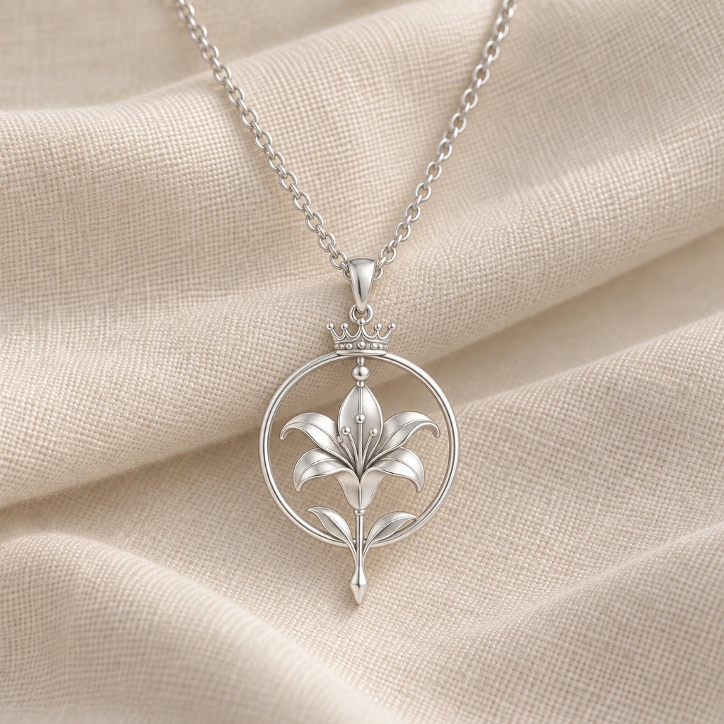 925 sterling silver crowned lily aura pendant necklace on cream fabric