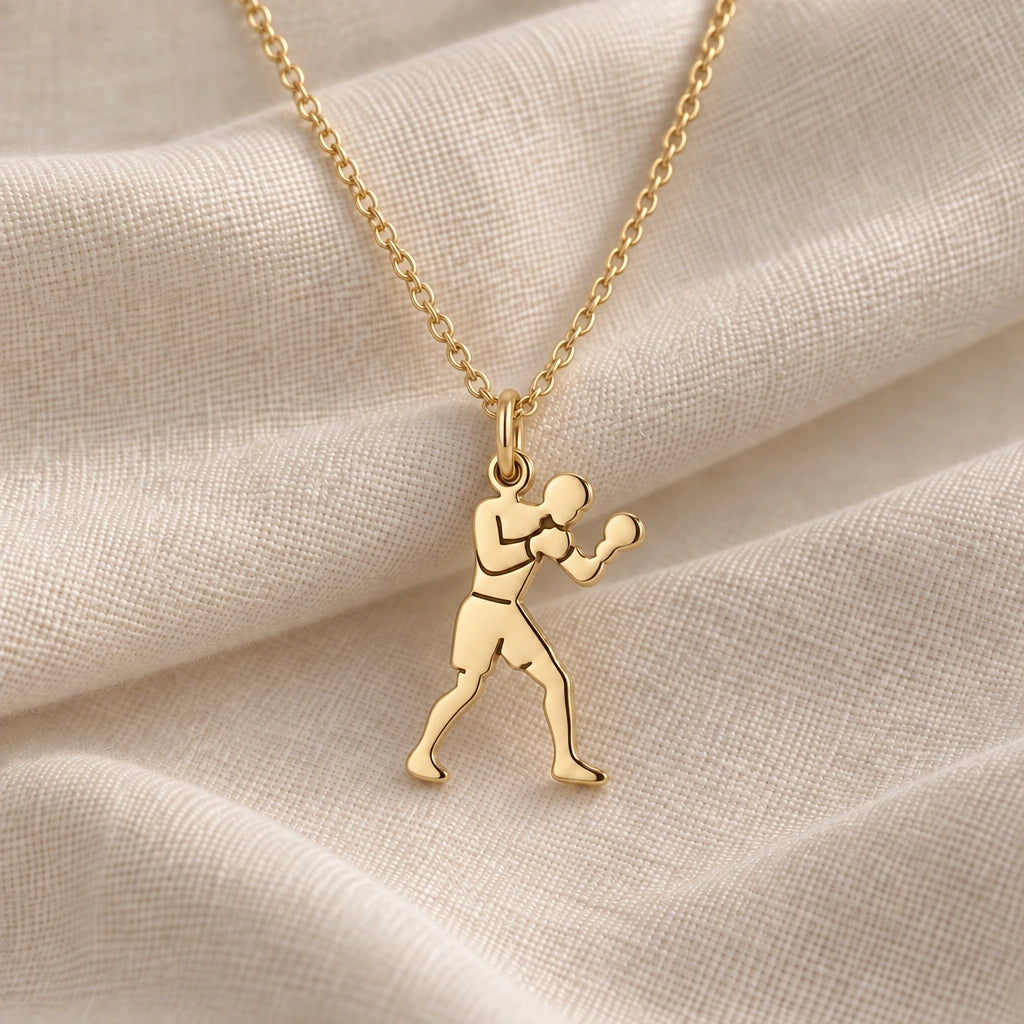 Male Boxer pendant necklace in an 18k gold plated finish