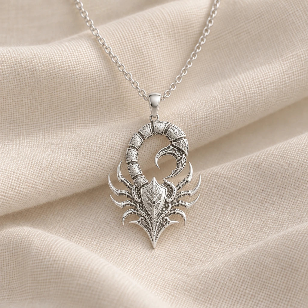 925 sterling silver fossil scorpion crest pendant necklace on cream fabric