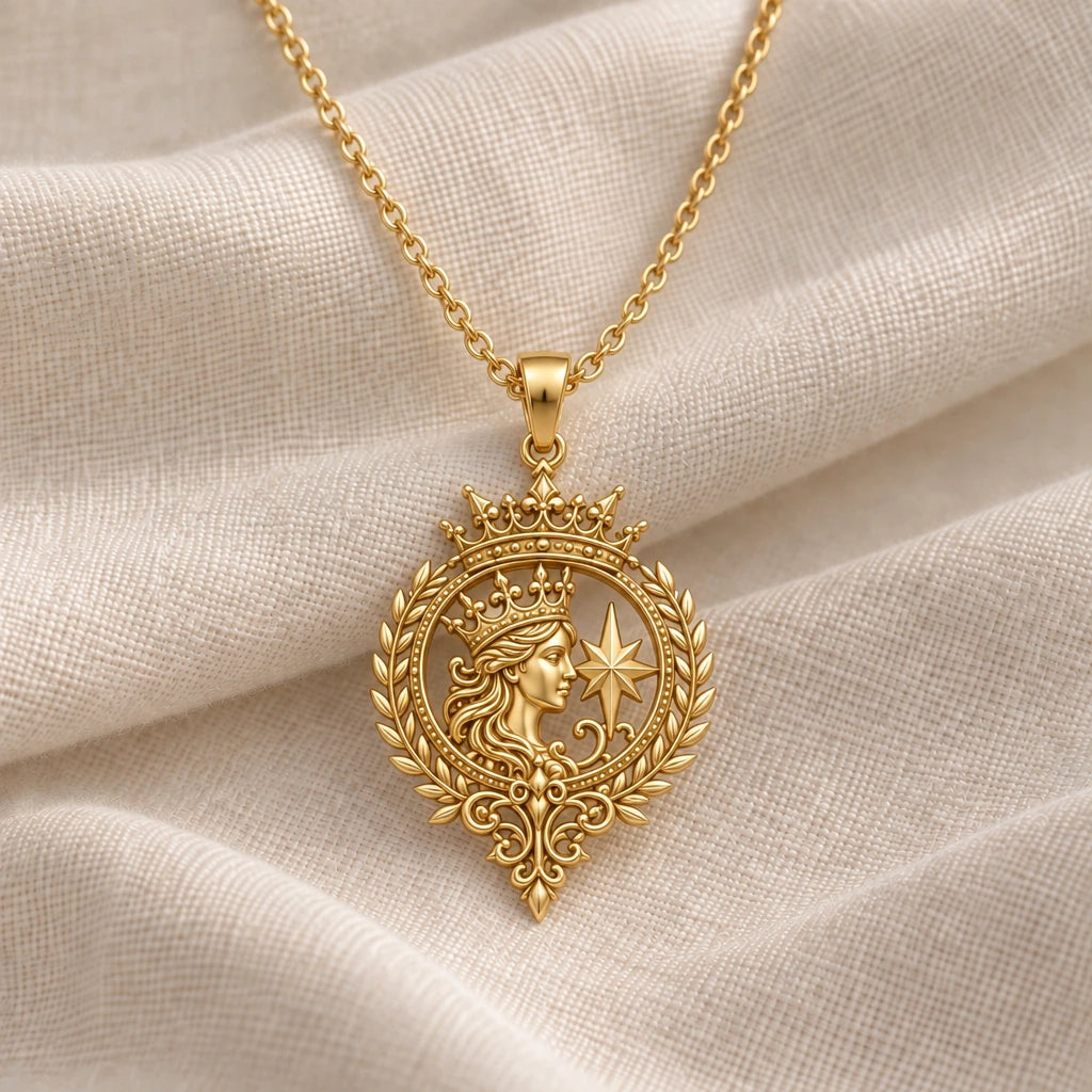 Celestial Queen Emblem pendant necklace in an 18k gold plated finish